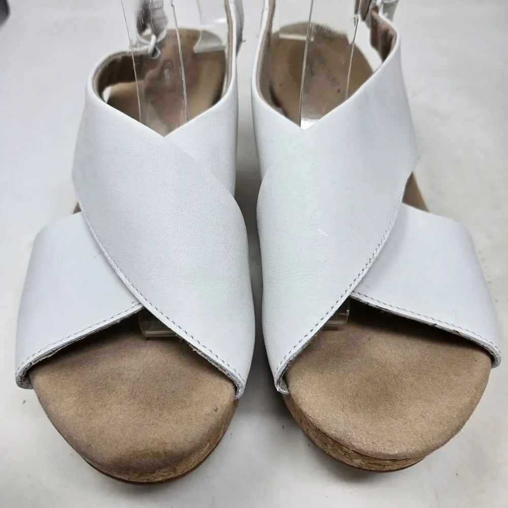 CLARKS Annadel Eirwyn White Leather Slingback Cork Wedge Sandals Sz 10‎